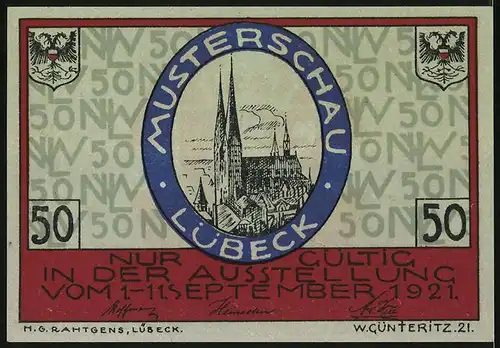 Notgeld Lübeck, 50 Pfennig, Nordische Woche, Musterschau 1921, Wappen Norwegen