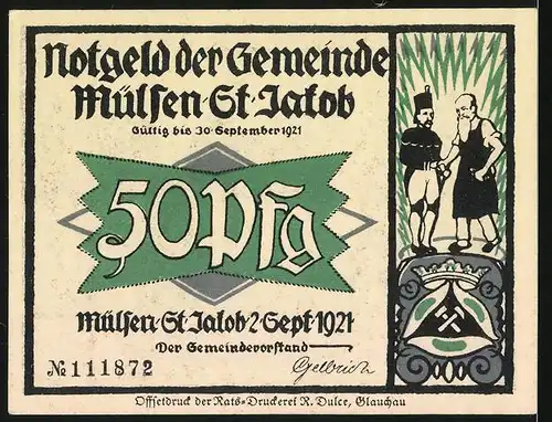 Notgeld Mülsen-St. Jakob 1921, 50 Pfennig, Kläger und Richter