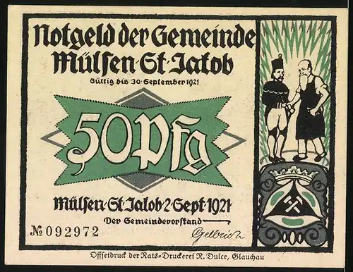 Notgeld Mülsen-St. Jakob 1921, 50 Pfennig, Zwei Betrunkene schlagen sich