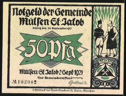 Notgeld Mülsen-St. Jakob 1921, 50 Pfennig, Angeklagter wird dem Richter vorgeführt