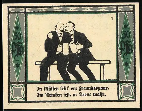 Notgeld Mülsen-St. Jakob 1921, 50 Pfennig, Freundespaar mit Bierkrügen