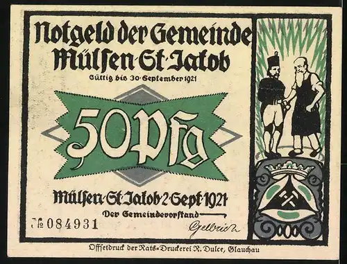 Notgeld Mülsen-St. Jakob 1921, 50 Pfennig, Freundespaar mit Bierkrügen