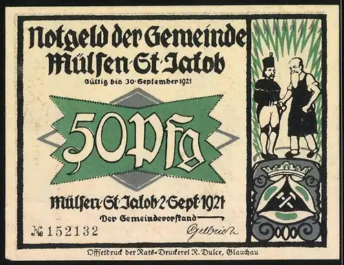 Notgeld Mülsen-St. Jakob 1921, 50 Pfennig, Zwei Betrunkene an einer Laterne