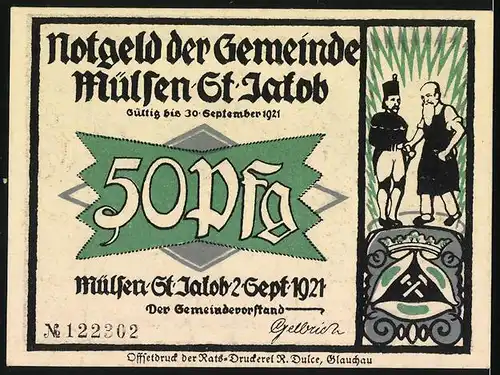 Notgeld Mülsen-St. Jakob 1921, 50 Pfennig, Richter und Angeklagter