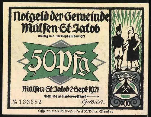 Notgeld Mülsen-St. Jakob 1921, 50 Pfennig, Kläger und Richter