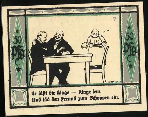 Notgeld Mülsen-St. Jakob 1921, 50 Pfennig, Zwei Freunde beim Schoppen
