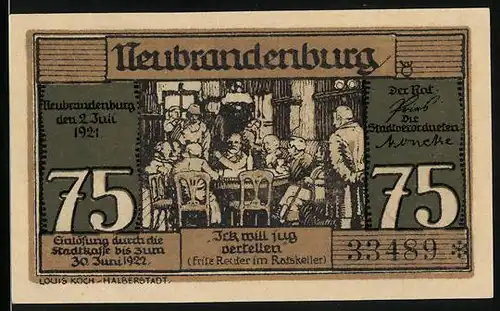 Notgeld Neubrandenburg 1921, 75 Pfennig, Fritz Reuter im Gasthaus Ratskeller