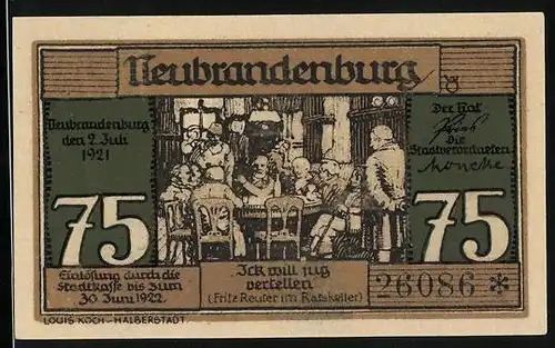Notgeld Neubrandenburg 1921, 75 Pfennig, Fritz Reuter im Gasthaus Ratskeller