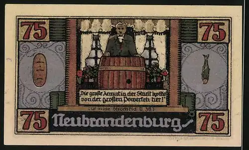 Notgeld Neubrandenburg 1921, 75 Pfennig, Fritz Reuter im Gasthaus Ratskeller