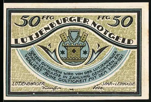 Notgeld Lütjenburg, 50 Pfennig, Stadtwappen, De Bottermelkskrieg, Auszug der Lütjenburger