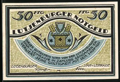 Notgeld Lütjenburg, 50 Pfennig, Stadtwappen, De Bottermelkskrieg, Der erste Schuss