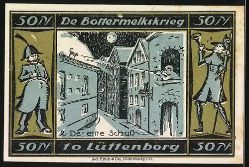 Notgeld Lütjenburg, 50 Pfennig, Stadtwappen, De Bottermelkskrieg, Der erste Schuss