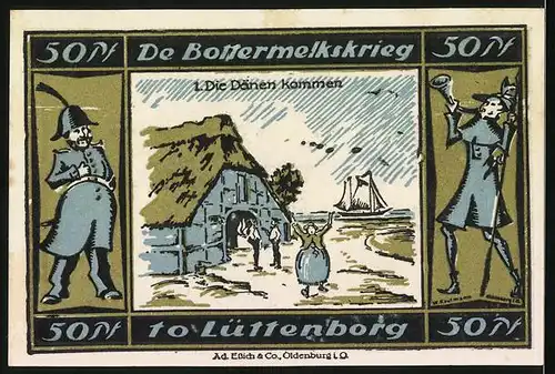 Notgeld Lütjenburg, 50 Pfennig, Stadtwappen, De Bottermelkskrieg, Die Dänen kommen