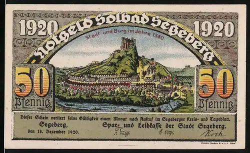 Notgeld Bad Segeberg 1920, 50 Pfennig, Stadt und Burg im Jahre 1580