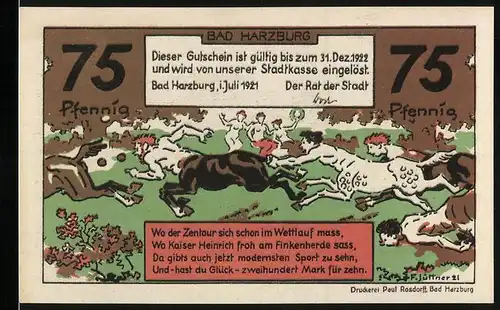 Notgeld Bad Harzburg 1921, 75 Pfennig, Zentauren im Wettlauf