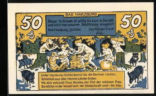 Notgeld Bad Harzburg 1921, 50 Pfennig, Frauen und Faune im Wald