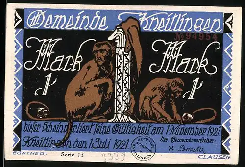 Notgeld Kneitlingen 1921, 1 Mark, Zwei Affen an der Zahl 1