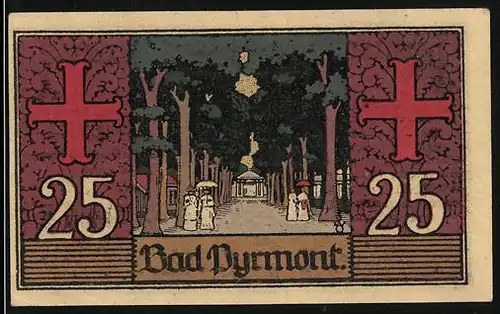 Notgeld Bad Pyrmont 1921, 25 Pfennig, Allee mit Pavilln