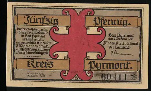 Notgeld Bad Pyrmont 1921, 50 Pfennig, Stadtwappen