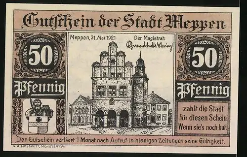 Notgeld Meppen 1921, 50 Pfennig, Schiessplatz der Friedrich Krupp AG