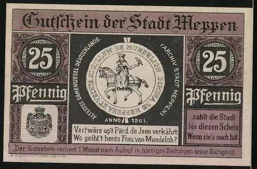 Notgeld Meppen 1921, 25 Pfennig, Rathaus, Wappen