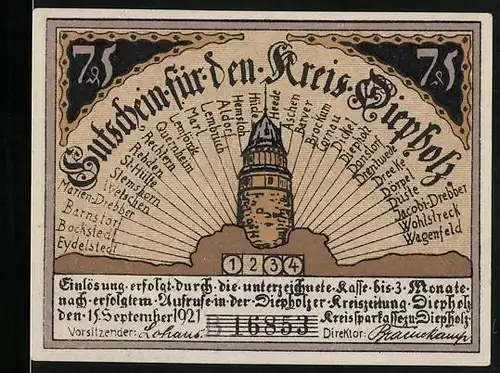 Notgeld Diepholz 1921, 75 Pfennig, Turm Brockum, Cornau und Dickel