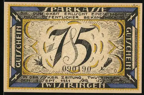 Notgeld Twistringen 1921, 75 Pfennig, Frau nebst grosser Glocke