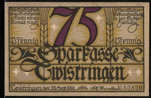 Notgeld Twistringen 1921, 75 Pfennig, Frau mit einem Wildschwein