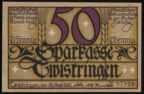 Notgeld Twistringen 1921, 50 Pfennig, Frau mit Garben