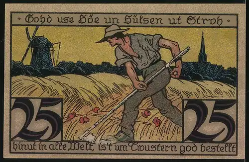 Notgeld Twistringen 1921, 25 Pfennig, Bauer auf dem Feld, Im Hintergrund Windmühle