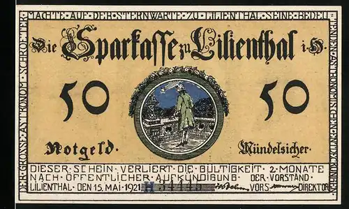 Notgeld Lilienthal 1921, 50 Pfennig, Johann Hieronymus Schroeter, Ober Amtmann zu Lilienthal von 1782-1816