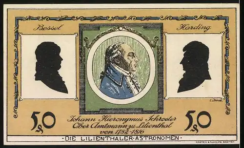 Notgeld Lilienthal 1921, 50 Pfennig, Johann Hieronymus Schroeter, Ober Amtmann zu Lilienthal von 1782-1816