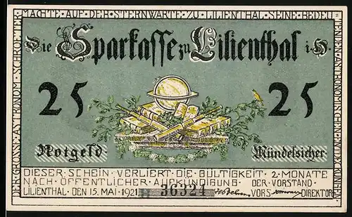 Notgeld Lilienthal 1921, 25 Pfennig, Johann Hieronymus Schroeter, Ober Amtmann zu Lilienthal von 1782-1816