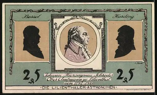 Notgeld Lilienthal 1921, 25 Pfennig, Johann Hieronymus Schroeter, Ober Amtmann zu Lilienthal von 1782-1816