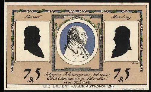 Notgeld Lilienthal 1921, 75 Pfennig, Johann Hieronymus Schroeter, Ober-Amtmann zu Lilienthal von 1782-1816