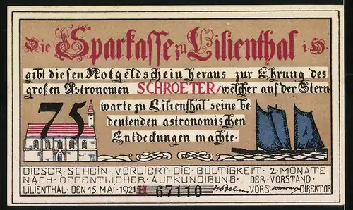 Notgeld Lilienthal 1921, 75 Pfennig, Johann Hieronymus Schroeter, Ober-Amtmann zu Lilienthal von 1782-1816