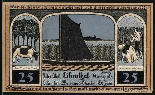 Notgeld Lilienthal 1921, 25 Pfennig, Segelboot, Bauernpaar, Kühe
