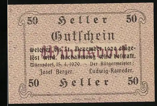Notgeld Würnsdorf 1920, 50 Heller, Gutschein