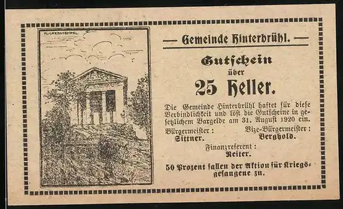 Notgeld Hinterbrühl 1920, 25 Heller, Husarentempel