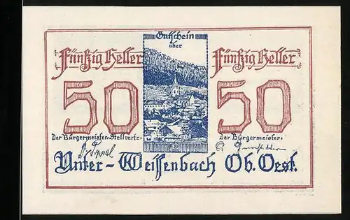 Notgeld Unter-Weissenbach i. Ob. Oest. 1920, 50 Heller, Ortspartie mit Kirche