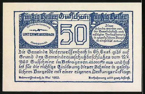 Notgeld Unter-Weissenbach i. Ob. Oest. 1920, 50 Heller, Ortspartie mit Kirche