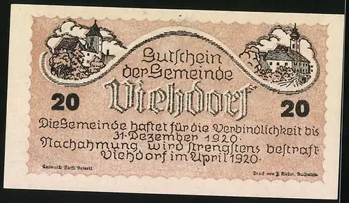 Notgeld Viehdorf 1920, 20 Heller, Weidende Kühe