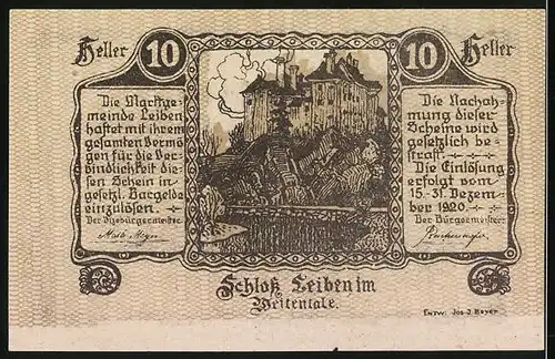 Notgeld Leiben im Weitental, 10 Heller, Schloss Leiben