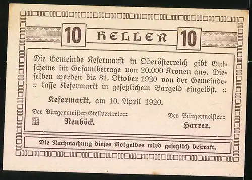 Notgeld Kefermarkt 1920, 10 Heller, Bauer beim Pflügen, Handwerker, Zunft-Wappen