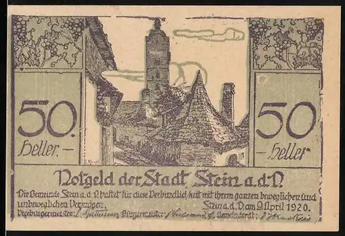Notgeld Stein a. d. D. 1920, 50 Heller, Ortspartie mit Turm