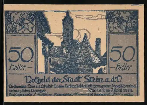 Notgeld Stein a. d. D. 1920, 50 Heller, Ortspartie mit Turm