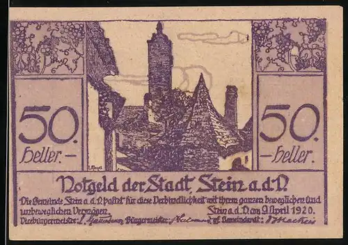 Notgeld Stein a. d. D. 1920, 50 Heller, Ortspartie mit Turm