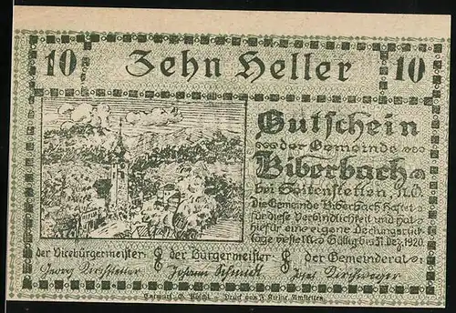 Notgeld Biberbach bei Seitenstetten 1920, 10 Heller, Ortspartie mit Kirche