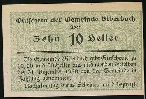 Notgeld Biberbach bei Seitenstetten 1920, 10 Heller, Ortspartie mit Kirche