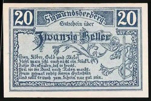 Notgeld Sigmundsherberg 1920, 20 Heller, Gutschein